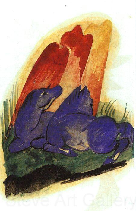 Franz Marc Two Blue Horses in front of a Red Rock